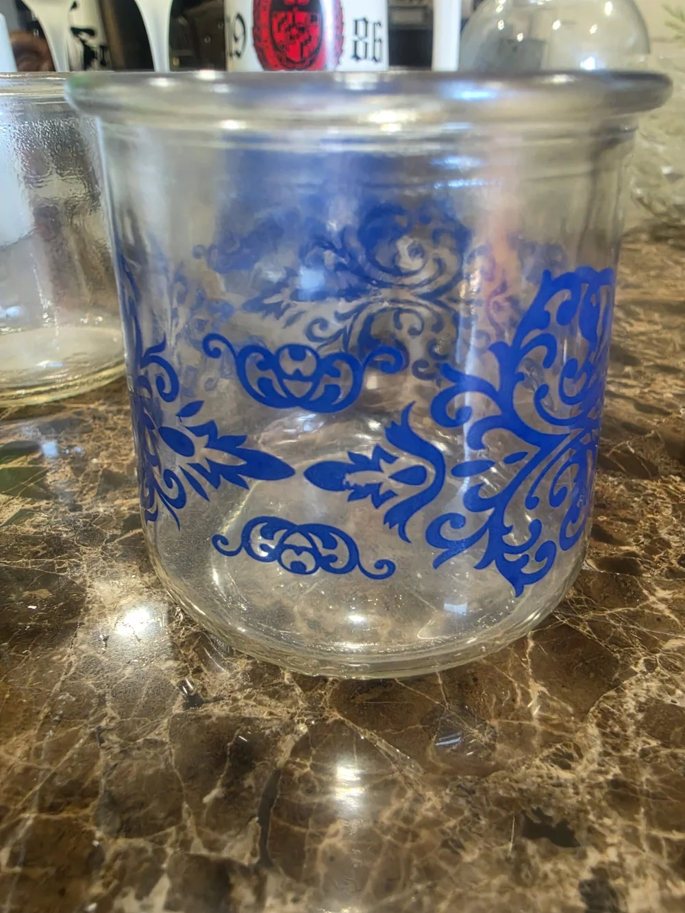Source Unknown Clear Glass Votive Set with Blue Fan Pattern